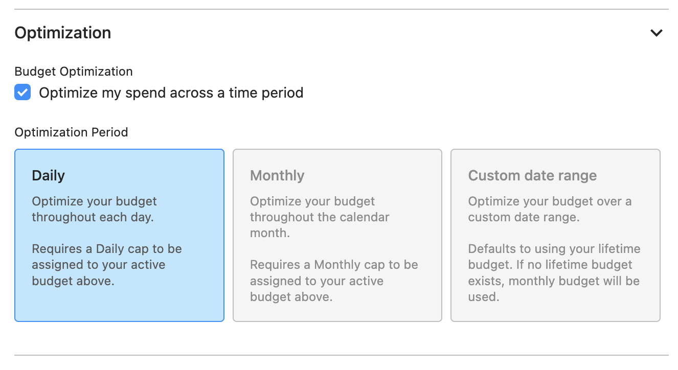 budget optimization checkbox in the campaign wizard